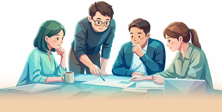 團隊共同討論需求、方案與驗證方式的情境示意