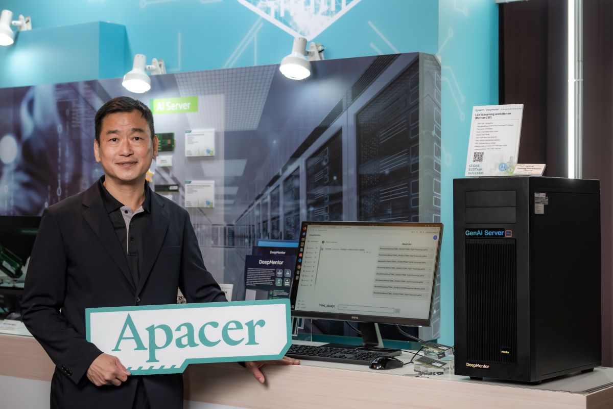  宇瞻科技攜手攜手群聯、滿拓展出 Mentor-100 AI 伺服器。採用群聯電子獨家開發的軟體服務，可將伺服器中 SSD 的部分空間，作為 GPU 晶片的記憶體空間延伸，進行大語言模型的訓練與推論工作，降低啟動 AI 專案的門檻。（Source：科技新報攝）